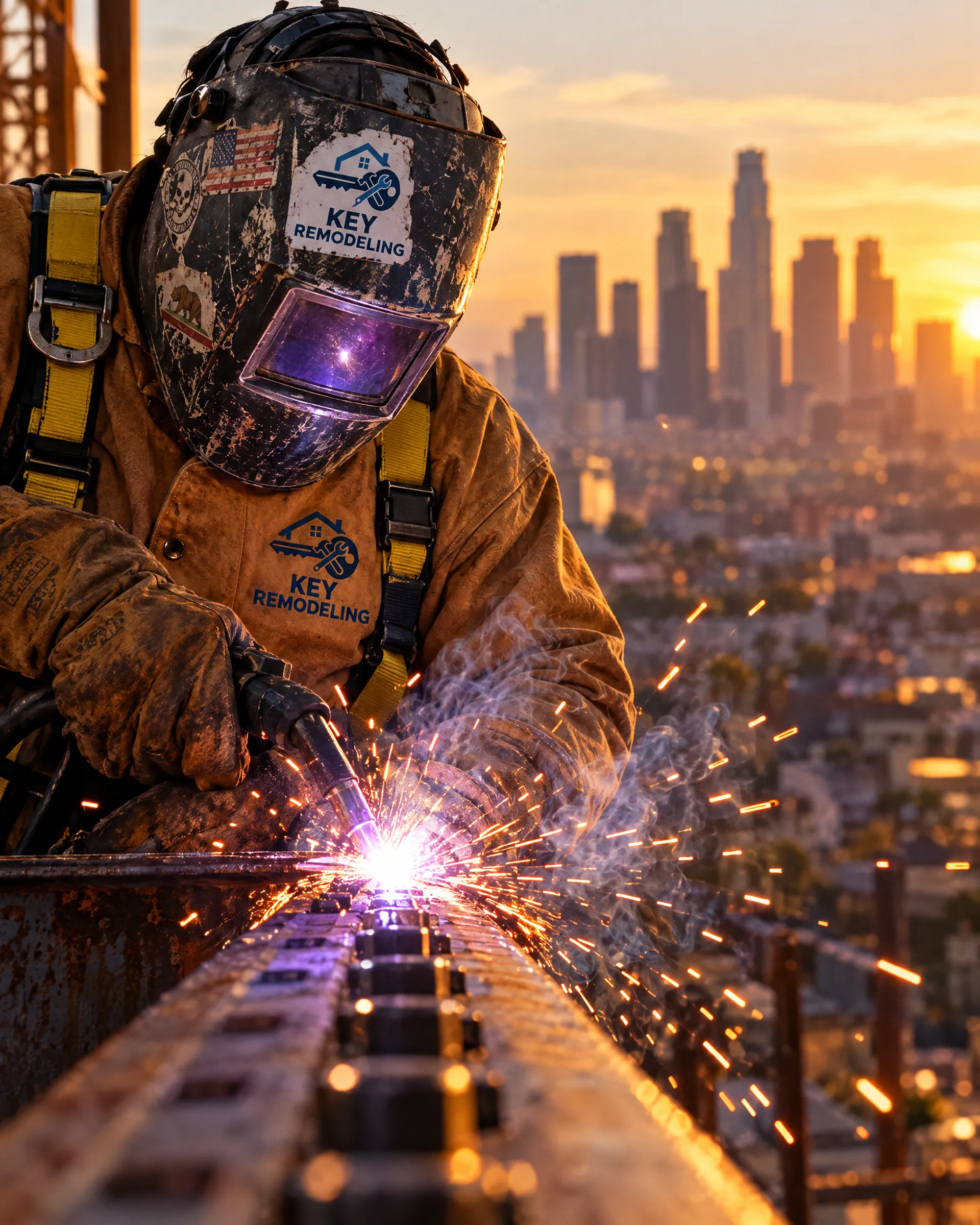 Un soldador con careta de Key Remodeling trabajando el acero, con los edificios de Los Ángeles al fondo