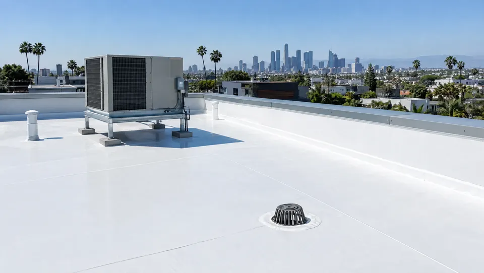 A flat roof with a new white membrane and a roof drain